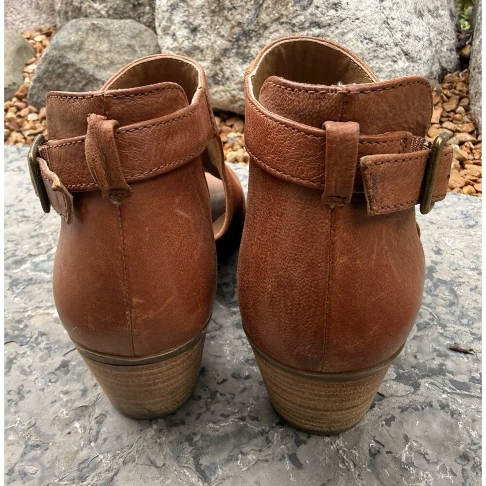 Lucky Brand Barimo Open Toe Booties Women Size 8 M Brown Leather Block Heels